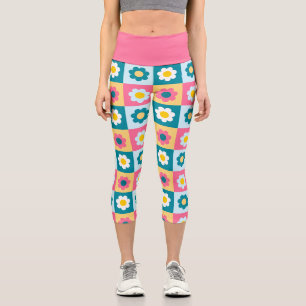 Retro Cute colorful Pastel Flowers Pattern Capri Leggings