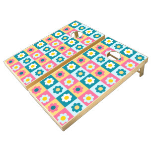 Retro Cute colorful Pastel Flowers Pattern Cornhole Set