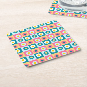 Retro Cute colorful Pastel Flowers Pattern  Square Paper Coaster