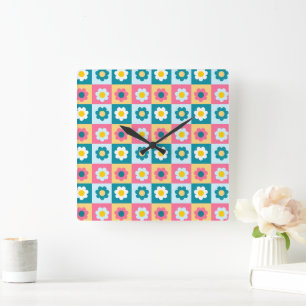 Retro Cute colorful Pastel Flowers Pattern Square Wall Clock