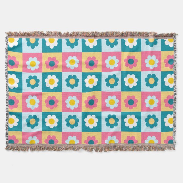 Retro Cute colorful Pastel Flowers Pattern  Throw Blanket (Front)