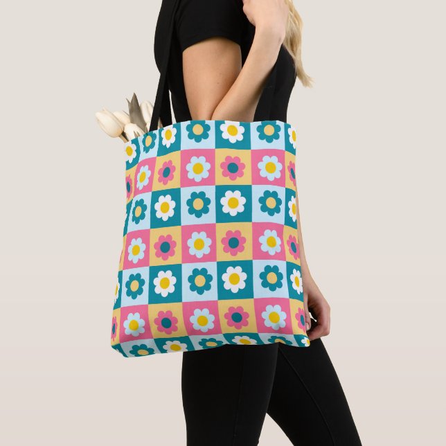 Retro Cute colorful Pastel Flowers Pattern  Tote Bag (Close Up)