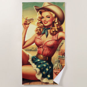 Retro Cute Cowgirl Beach Towel