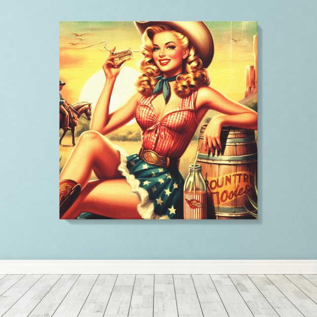 Retro Cute Cowgirl Canvas Print (Insitu(Wood Floor))