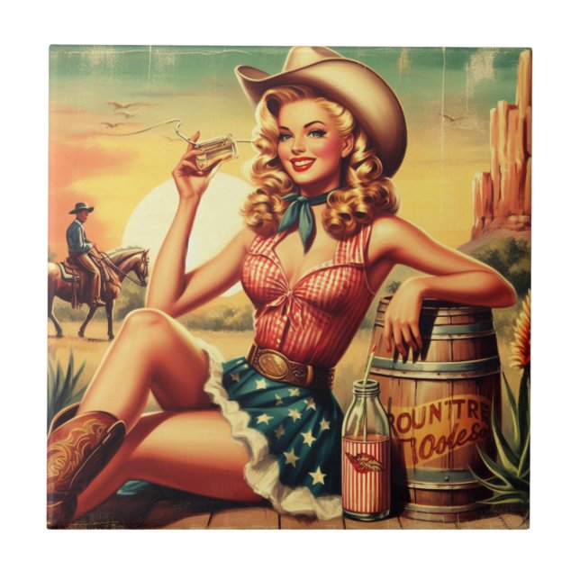 Retro Cute Cowgirl Ceramic Tile (Front)