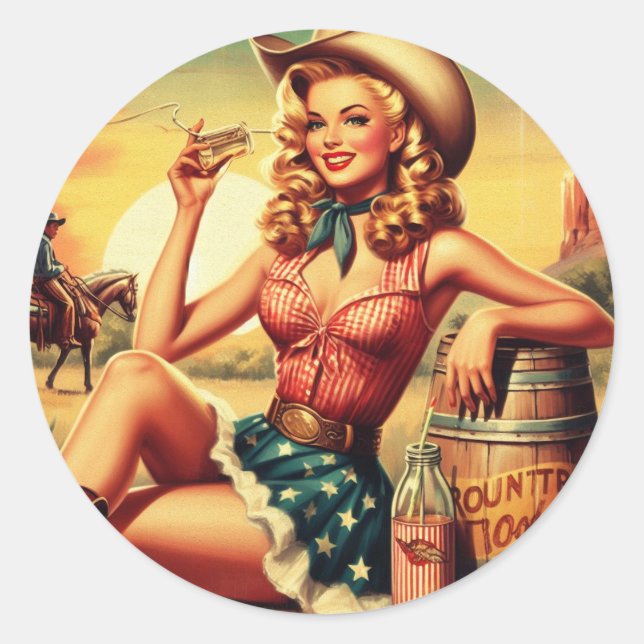Retro Cute Cowgirl Classic Round Sticker (Front)