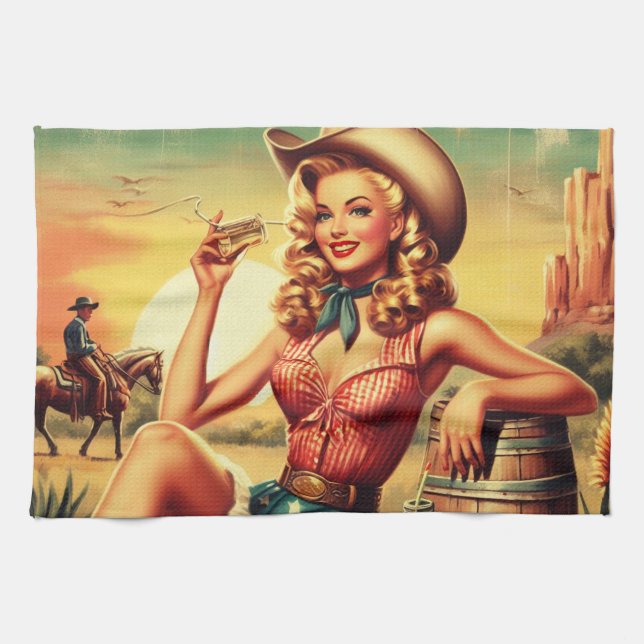 Retro Cute Cowgirl Kitchen Towel (Horizontal)