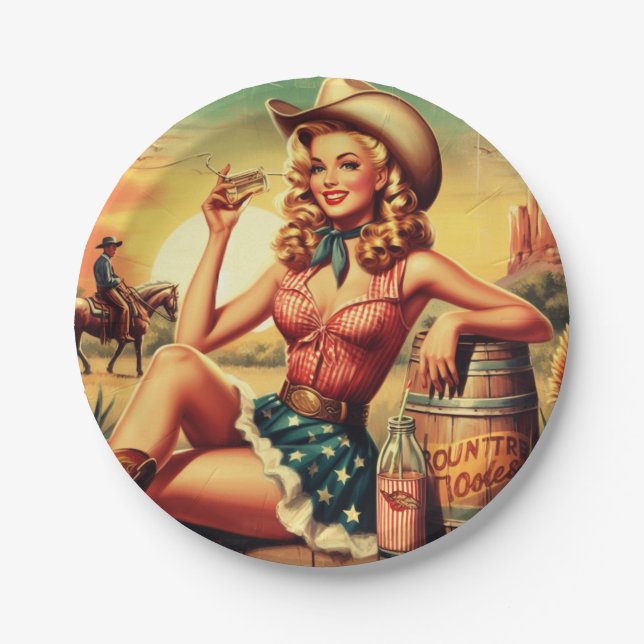 Retro Cute Cowgirl Paper Plates (Front)