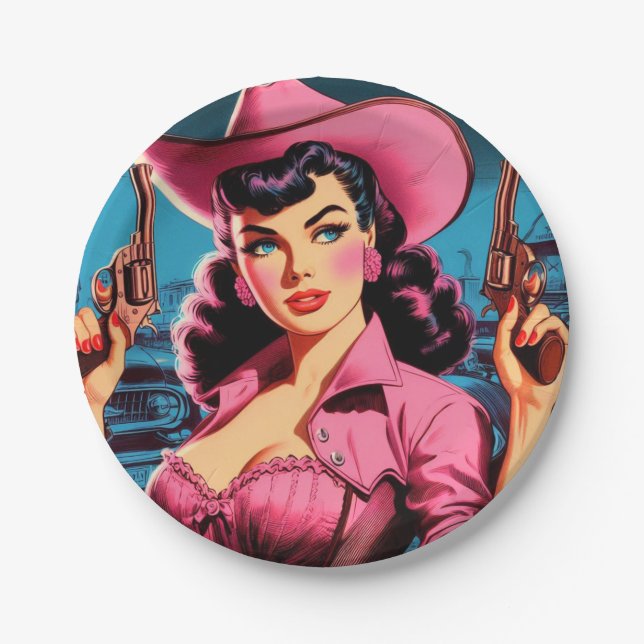 Retro Cute Cowgirl Paper Plates (Front)