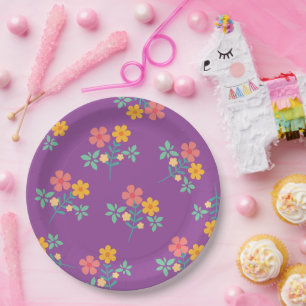Retro Cute Daisy Bouquet Pattern in Purple Paper Plates