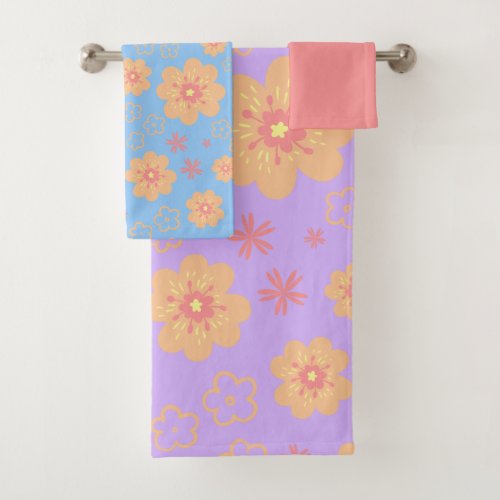 Retro Cute Floral and Pretty Plain Pink Bath Towel Set