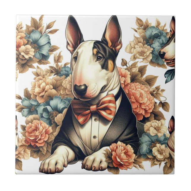 Retro Cute Floral Bull Terrier Ceramic Tile (Front)