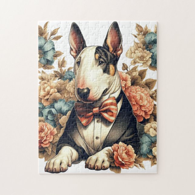 Retro Cute Floral Bull Terrier Jigsaw Puzzle (Vertical)