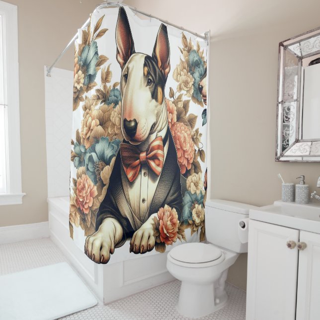 Retro Cute Floral Bull Terrier Shower Curtain (In Situ)