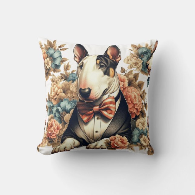 Retro Cute Floral Bull Terrier Throw Pillow (Front)