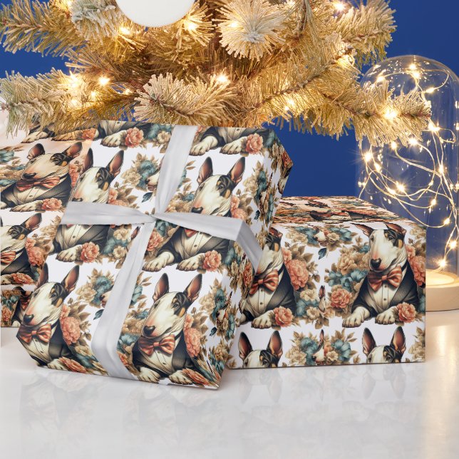 Retro Cute Floral Bull Terrier Wrapping Paper (Holidays)