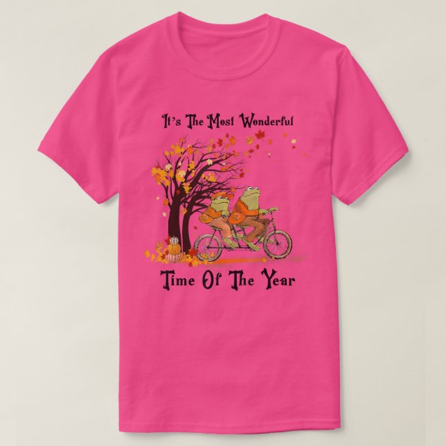 Retro Cute Frogs Riding Bike Fall Leaves Autumn Fr T-Shirt (Design Front)