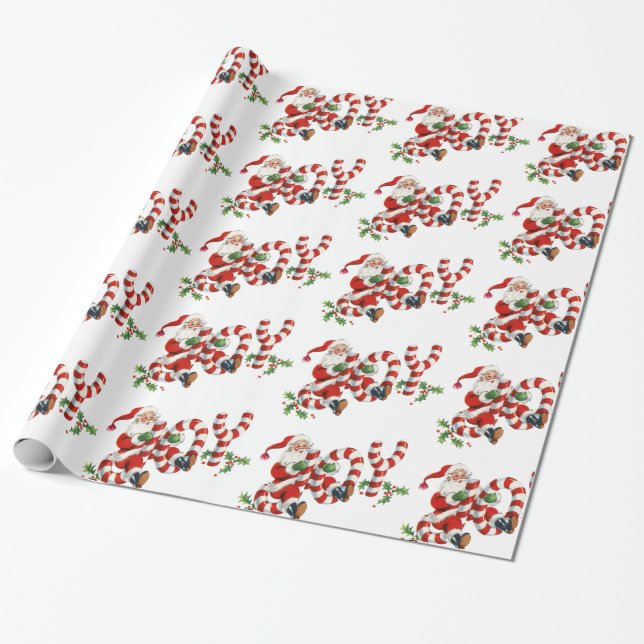 Retro Cute Fun Santa Joy Holiday Gift Wrapping Paper (Unrolled)