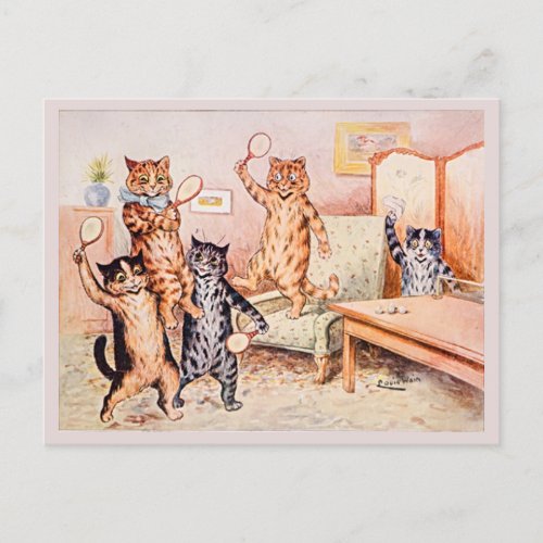 Retro Cute Funny Cats Playing Ping Pong Postcard