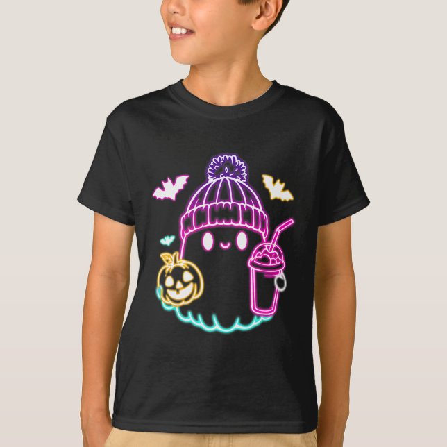 Retro Cute Ghost Coffee Drinking Spooky Halloween  T-Shirt (Front)