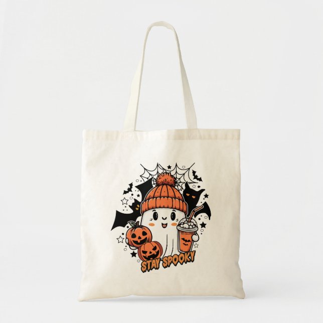 Retro Cute Ghost Coffee Pumpkin Bougie Stay Spooky Tote Bag (Front)