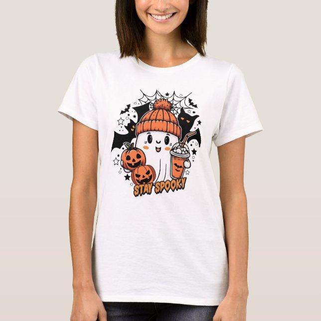 Retro Cute Ghost Coffee Pumpkin Spooky  T-Shirt (Front)