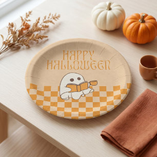Retro Cute Ghost Happy Halloween Paper Plates