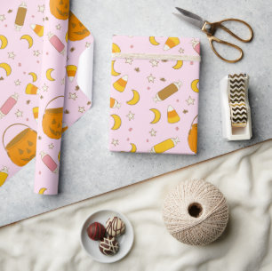 Retro Cute Halloween Party Pink Wrapping Paper