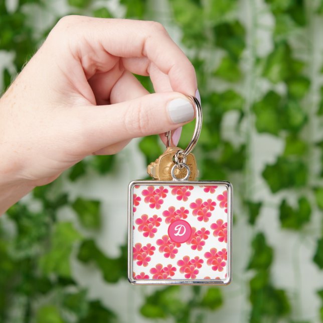 retro cute initial monogram Botanical floral Keychain (Hand)