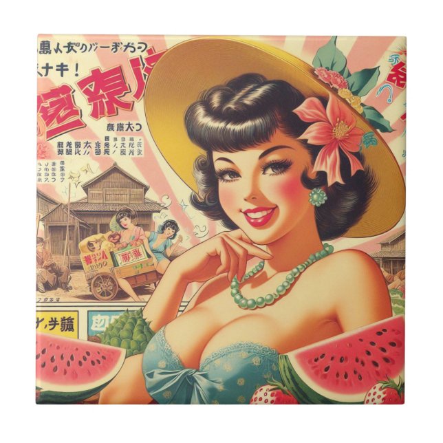 Retro Cute Japanese Girl Ceramic Tile (Front)