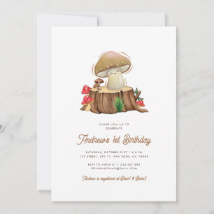 Retro Cute Kawaii Little Mushroom 1st Birthday Invitation