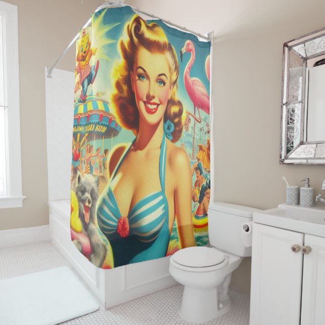 Retro Cute Kitsch Girl Shower Curtain (In Situ)