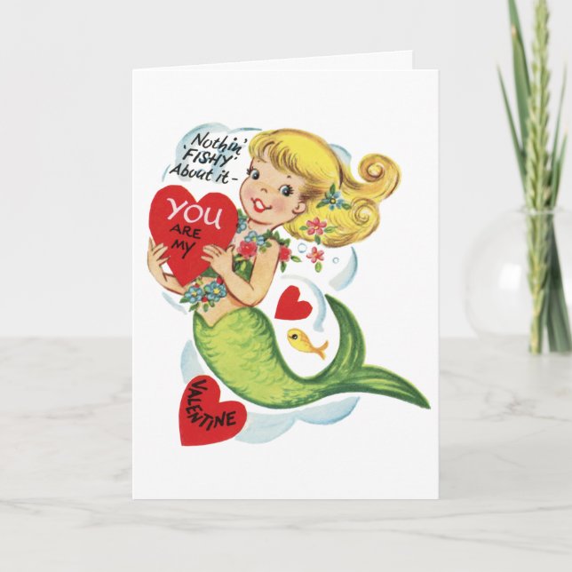 Retro Cute Mermaid Valentines Card (Front)