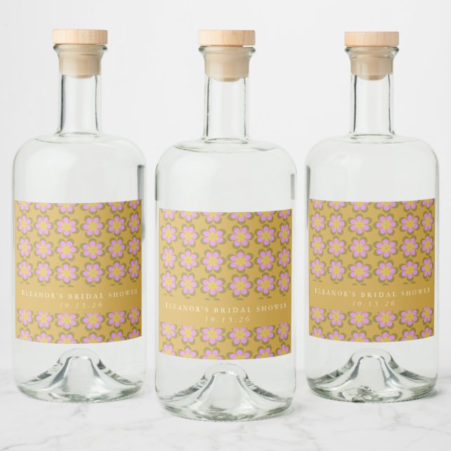 Retro Cute Mod Floral Yellow Custom Bridal Shower Liquor Bottle Label (Bottles)