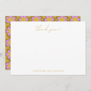 Retro Cute Mod Floral Yellow Custom Name Thank You Card
