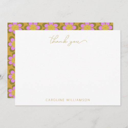Retro Cute Mod Floral Yellow Custom Name Thank You Card