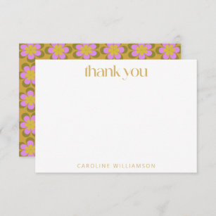 Retro Cute Mod Floral Yellow Purple Name  Thank You Card