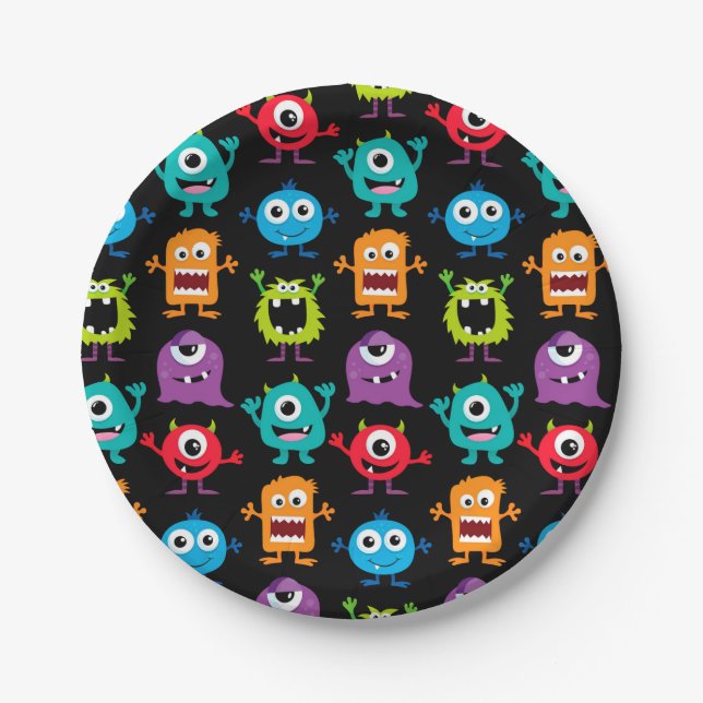 Retro Cute Monster Pattern Paper Plates (Front)