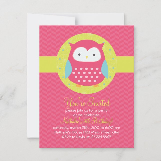 Retro Cute Owl Pink & Turquoise Girly Birthday Invitation (Front)