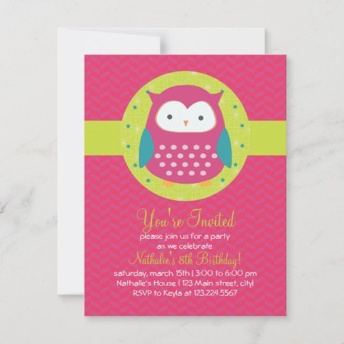 Retro Cute Owl Purple &amp; Green Girly Birthday Party Custom Announcements