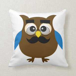 Retro Cute Owl with Mustache and Glasses Throw Pillow