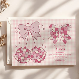 Retro Cute Pink Bow Coquette 1st Birthday Invitation
