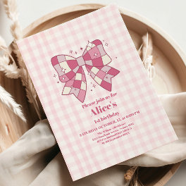 Retro Cute Pink Bow Coquette 1st Birthday Invitation