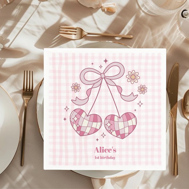 Retro Cute Pink Bow Coquette 1st Birthday Napkins (Creator Uploaded)