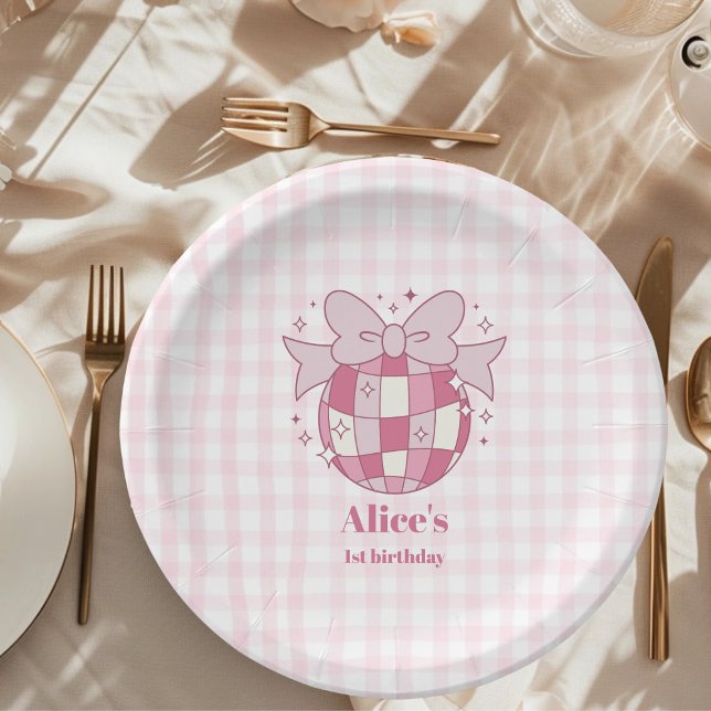Retro Cute Pink Bow Coquette 1st Birthday Paper Plates (Creator Uploaded)