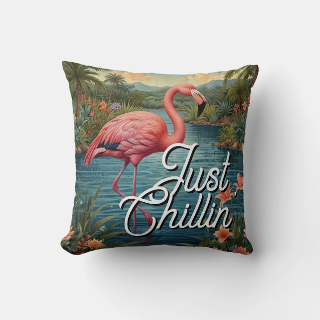 Retro cute pink flamingo tropical paradise   throw pillow (Front)