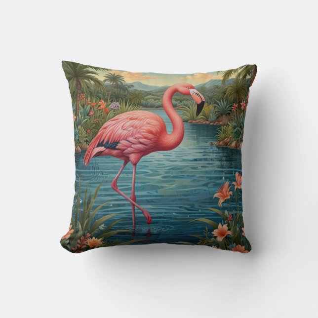 Retro cute pink flamingo tropical paradise   throw pillow (Front)