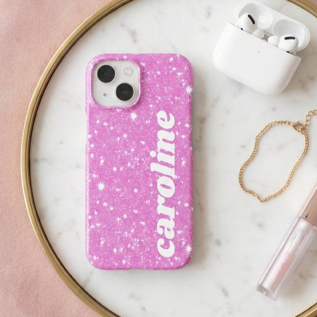 Retro Cute Pink Glitter Sparkle Personalized Name Case-Mate iPhone Case (Creator Uploaded)