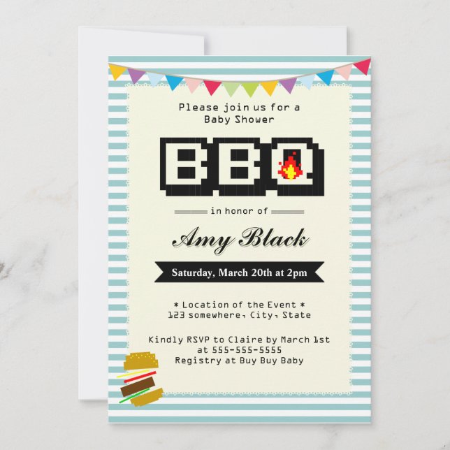 Retro Cute Pixel Baby Shower BBQ Party Invitations (Front)