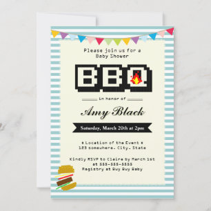 Retro Cute Pixel Baby Shower BBQ Party Invitations